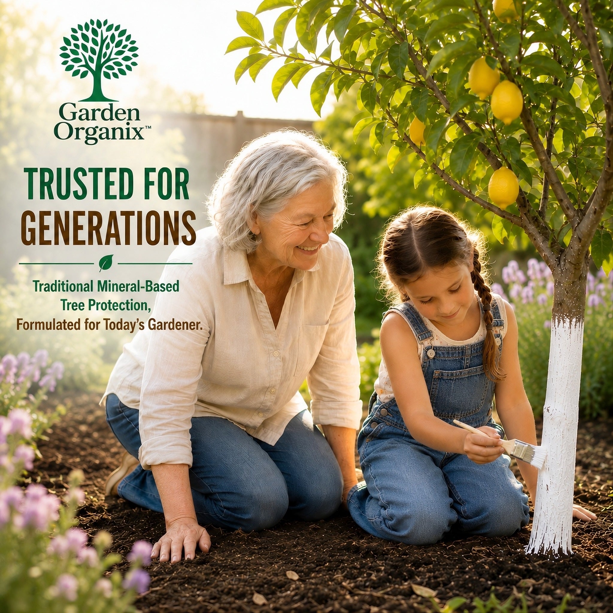 Grandmother and child applying Garden Organix tree paint to a young tree